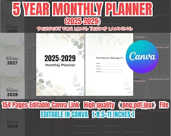Planificador mensual 2025-2029, calendario quinquenal, plantilla de Canva (descarga digital)
