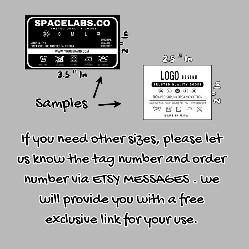 May include: Two black and white clothing labels with size charts and care instructions. The larger label reads "SPACELABS.CO TRUSTED QUALITY GOODS" and the smaller label reads "LOGO DESIGN TRUSTED QUALITY GOODS 100% PRE-SHRUNK ORGANIC COTTON". Both labels are 2 inches tall and 3.5 inches wide.