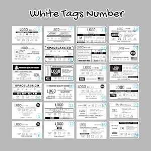 May include: A set of 24 white clothing tags with black text and graphics. The tags are numbered 1 through 24 and feature different logos, sizes, and care instructions. The tags are designed for use on clothing and other apparel items.