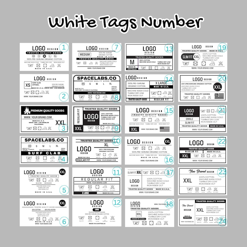 May include: A set of 24 white clothing tags with black text and graphics. The tags are numbered 1 through 24 and feature different logos, sizes, and care instructions. The tags are designed for use on clothing and other apparel items.