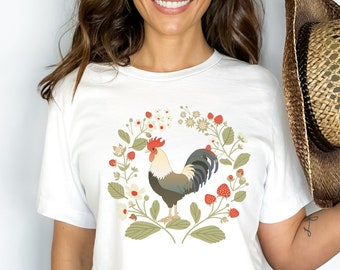 Chicken and Strawberries Farm Shirt, Backyard Hen Gardening Unisex Jersey Tee