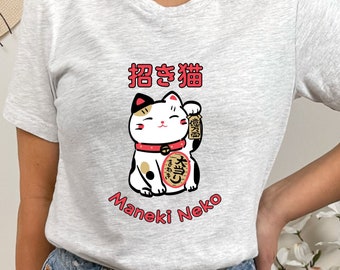 Maneki Neko Shirt Japanese Beckoning Cat T-Shirt for Good Luck Unisex Jersey Tee