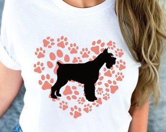 Miniature Schnauzer Shirt Heart Shaped Pink Paws Collage and Silhouette of Dog for Schnauzer Mom and Dad Unisex Jersey Tee