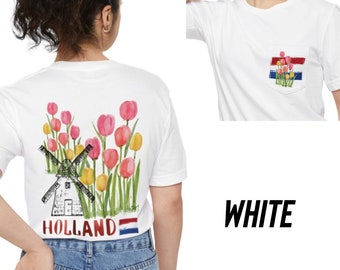 T-shirt hollandais tulipe Amsterdam Moulin à vent hollandais unisexe avec poche imprimé sur la poche et dans le dos