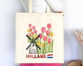 Dutch Tulips Holland Windmill Amsterdam Cotton Canvas Tote