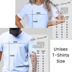 May include: Unisex t-shirt size chart with measurements in inches for bust and length. The chart includes sizes XS, S, M, L, XL, 2XL, and 3XL.