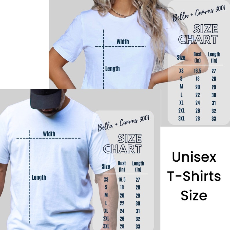 May include: Unisex t-shirt size chart with measurements in inches for bust and length. The chart includes sizes XS, S, M, L, XL, 2XL, and 3XL.