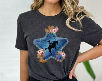 Western Cowgirl Shirt Blue Denim Star Hat Boots and Horseshoe with Floral Motif