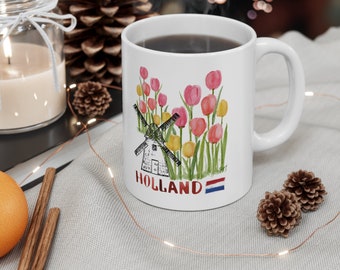 Hollande Tulipe Amsterdam Moulin à vent hollandais Tasse en céramique, Pays-Bas, 11 oz.