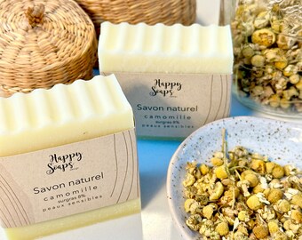 Savon naturel à la camomille, surgras 8% - Fabrication artisanale, sans parfum, convient aux peaux sensibles, zéro déchet