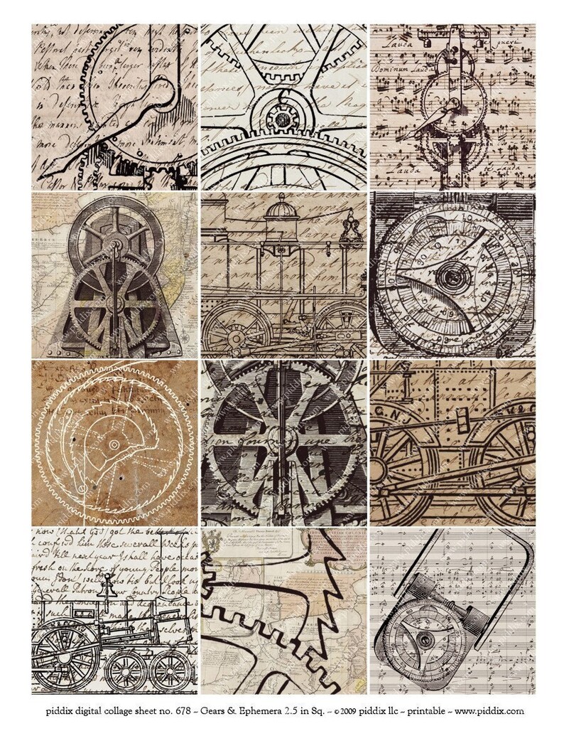 piddix digital collage sheet no 678 Steampunk Gears on Ephemera in 2.5 inch squares