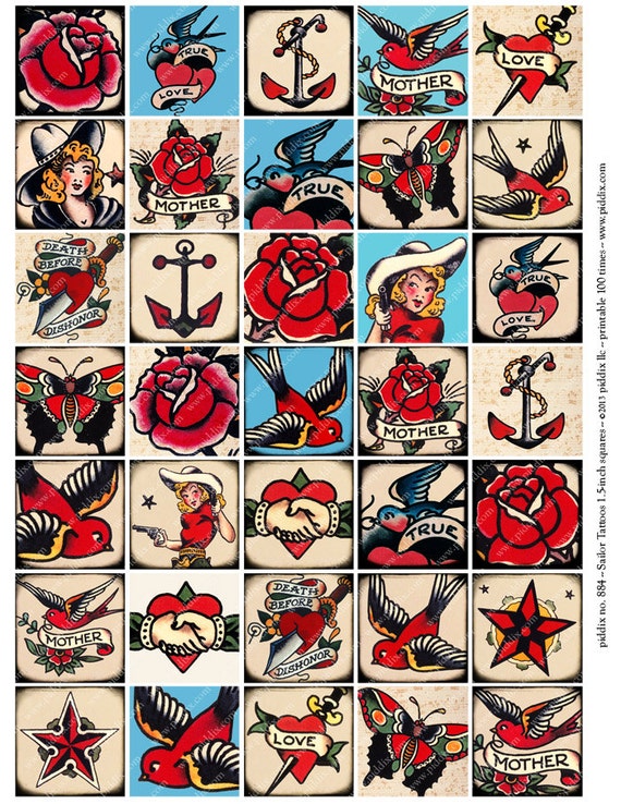 Vintage Tattoo Designs Sailor Jerry Tattoo Flash Digital Download Anchor Bird Mom Printable Collage Sheet 1 5 Inch Squares Piddix 884