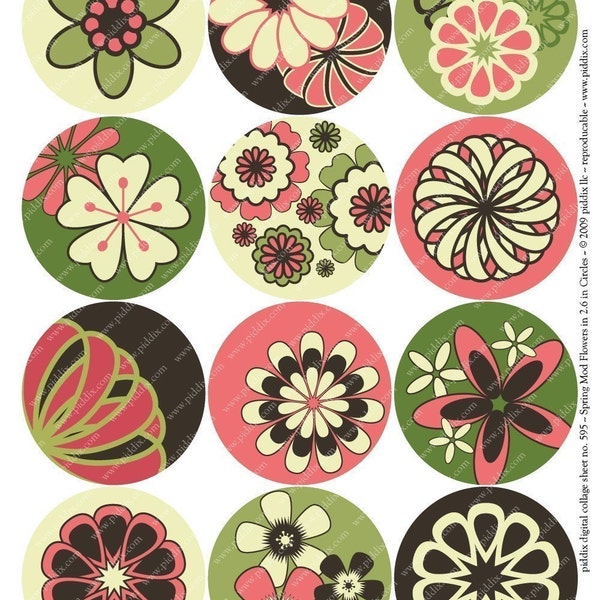 Modern Spring Flowers in 2.6 inch circles for pocket mirrors and more -- piddix digital collage sheet no. 595