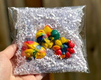 May include: A small clear plastic bag filled with white shredded paper and four colorful beeswax crayons. The crayons are shaped like a flower, a turtle, a pumpkin, and a leaf.