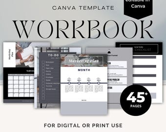 May include: A digital workbook template for marketing plans, to-do lists, and social media checklists. The template is designed for creators, coaches, mentors, and businesses. It includes 45+ pages and is editable in Canva.