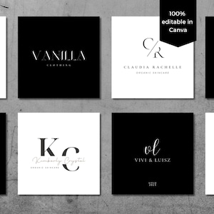 May include: Four black and white logo designs for businesses. The first logo says "Vanilla Clothing". The second logo says "Claudia Rachelle Organic Skincare" with the initials "C/R". The third logo says "Kimberly Crystal Organic Skincare" with the initials "KC". The fourth logo says "Vivi & Luiz since 2023" with the initials "VL".