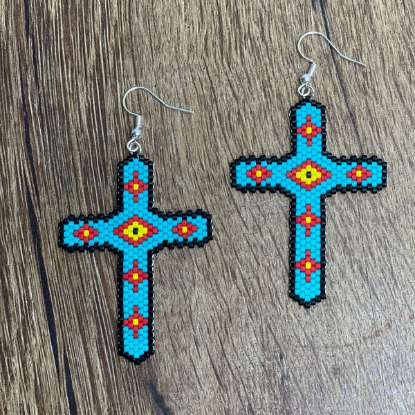 Native American American Indian style Delica seed bead dangle earrings in turquoise, red, and yellow; brick stitch, religious