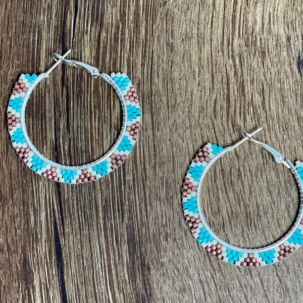 Native American American Indian style Delica seed bead silver hoop earrings, Boho, southwestern, brick stitch