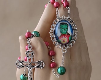 St Frankenstein Rosary Red and Green Beads