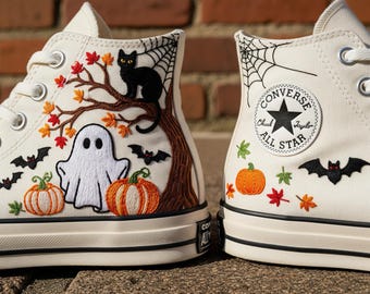 Pumpkin Embroidered Converse, Embroidered Converse, Converse Hi Tops, Custom Shoes, Halloween Vibe Sneaker, Wedding Shoes,