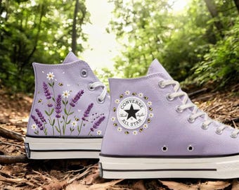 Custom Lavender Embroidered Converse Chuck Taylor, Daisy Flowers Embroidery Shoes, Daisy & Lavender Flower Wedding Embroidered Sneakers