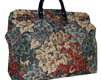 Blue & Multicolor Leafy Floral Tapestry Carpet Bag