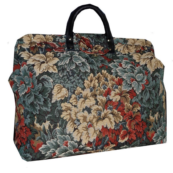 Bolso tipo alfombra con tapiz floral de hojas azul y multicolor