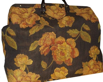 Peachy Russet Floral on Brown Woven Tapestry Carpet Bag