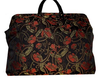 Red Poppies on Black Sateen Carpet Bag