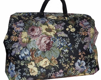 Black & Multicolored Floral Tapestry Carpet Bag