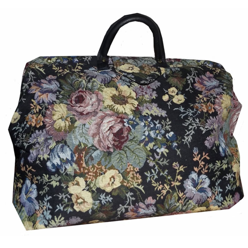 Black & Multicolored Floral Tapestry Carpet Bag image 1