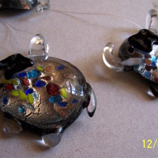Pair of Elephant Murano Glass Pendants with Silk Cords