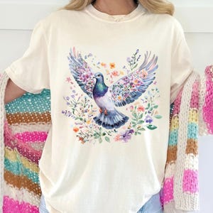 pigeon shirt bird lover graphic tee cottagecore aesthetic top cozy pigeon floral shirt cute nature t-shirt vintage bird shirt gift for women