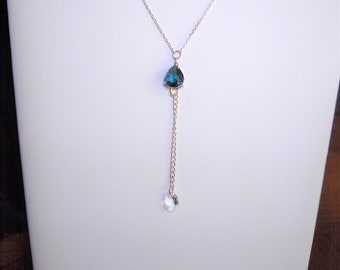 Y chain, Lariat, silver chain, necklace, earrings, Blue CZ set, 17" necklace and 2" drop!