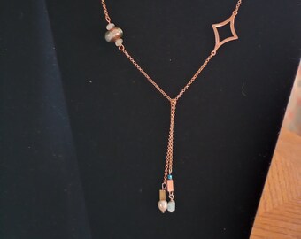 Lariat, copper jewelry, necklace set, ceramic, pearl, beads necklace, Great Moms Day gift! easy wear necklace, includes ceramic earrings!