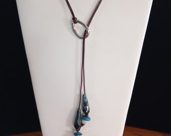 Lariat, knotted, leather, blue, black agate, silver clasp, adjustable necklace!