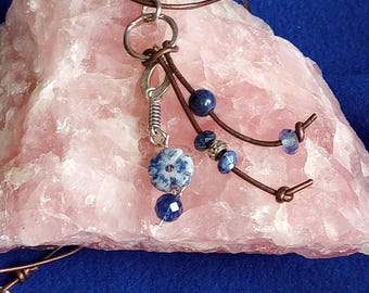 Leather Lariat Necklace: Knotted Charm, blue Sodalite gemstone