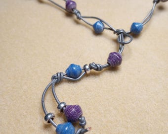 Beaded Leather Lariat Necklace & Earrings Set - Blue Purple Boho