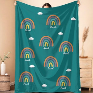 Manta de veludo personalizada com estampa de arco-íris, presente personalizado para bebê menino.
