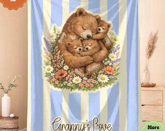 Personalized Grandma Bear Blanket with Names, Custom Mother's Day Grandma Gift, Family Floral Throw, blanket gift for her, Nana Gift