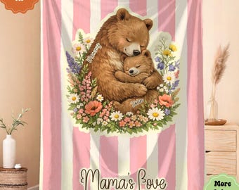 Personalized Mama Bear Flower Blanket with Kids Names, Custom Mom Gift, Cute Bear Family Floral Throw, Mother's Day Gift, New Mom Gift Idea
