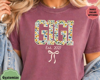 Custom Gigi Floral Shirt Comfort Colors Grandma To Be Gift Pregnancy Announcement Est Year Shirt Vintage Wildflower Nana Tee