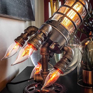 Rustic Vintage Steampunk Rocket Ship Lamp: Industrial Decorative Night Light Home Decor Table Lamp