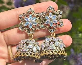 Gold Oxidized Jhumkis Earrings | Flower Jhumkis | Dangling Earrings | Indian Jewelry | Pakistani Jewelry | Bollywood Jhumka