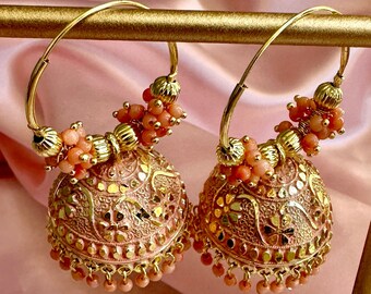 Pink and Gold Jhumka Earrings | Flower Jhumkis | Dangling Earrings | Indian Jewelry | Pakistani Jewelry | Bollywood Jhumka