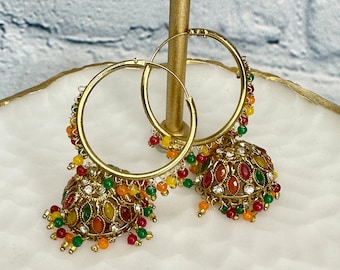 Gold Multicolor Earring | Pakistani Jhumki Earrings | Indian Jhumki | Indian Jewelry | Pakistani Jewelry | Bollywood Jhumka | Gold Jhumki