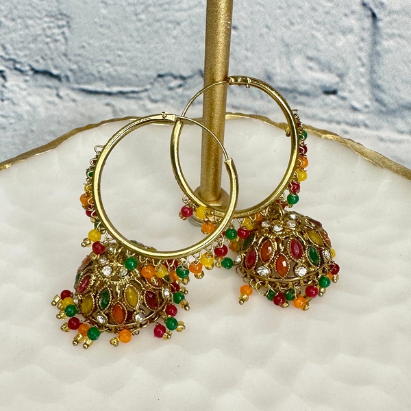 Gold Multicolor Earring | Pakistani Jhumki Earrings | Indian Jhumki | Indian Jewelry | Pakistani Jewelry | Bollywood Jhumka | Gold Jhumki