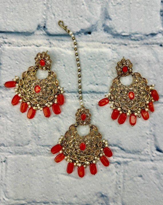 Indian Pakistani Orange Kundan Earrings Tikka Set Bridal Jewelry Maang Tikka Bridesmaid Gift Punjabi Wedding Jewelry Nikkah Jewelry Set Etsy Canada