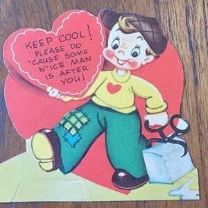 Vintage Penny Valentine 1946+ A-Meri-Card P-101 "¡Manténgase fresco! Por favor, hágalo porque un hombre de hielo está detrás de usted" Die Cut UNUSED Paper ephemera