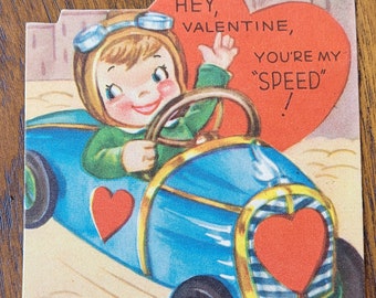 Vintage Penny Valentine 1946+ Die Cut Car "Hey, Valentine, You're my speed" UNUSED Paper ephemera.